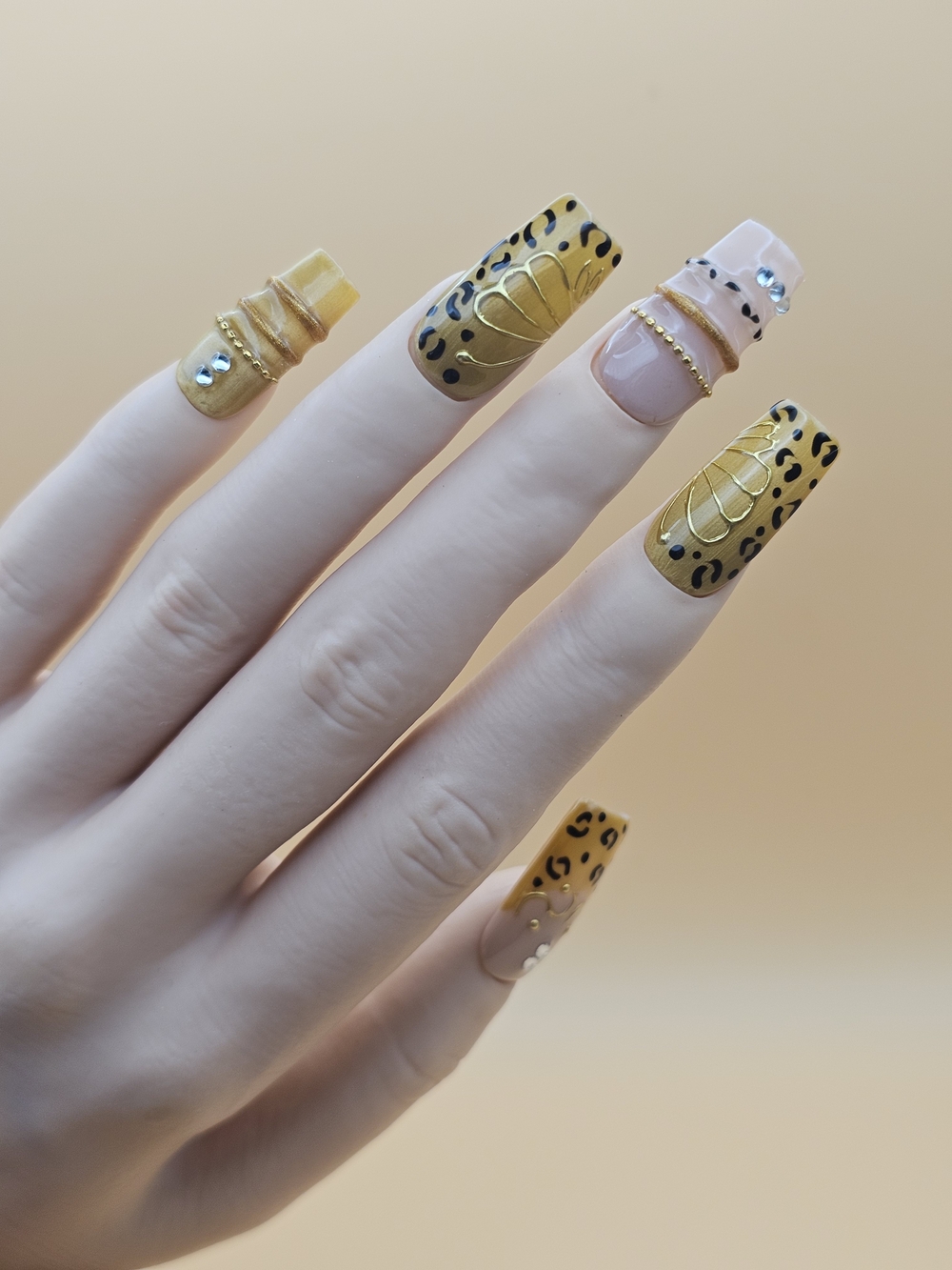 Press-on Nail Set 10pc Size M Square Cheetah Animal Print Gold Bangle Butterfly
